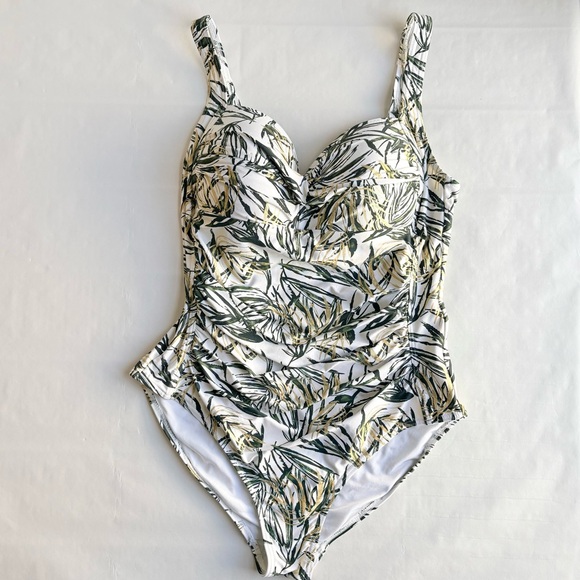 Nip Tuck Other - Niptuck Swimsuit One Piece Green Gold Tropical Leaf Padded Ruched Lined Size 10